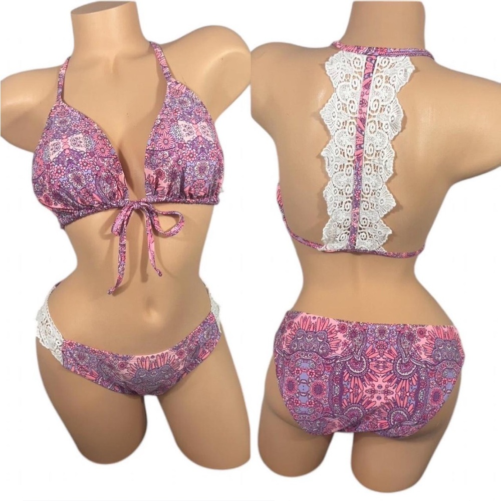 Betsey Johnson Purple Pink White Lace Halter Top Matching Bottom Bikini Lace L